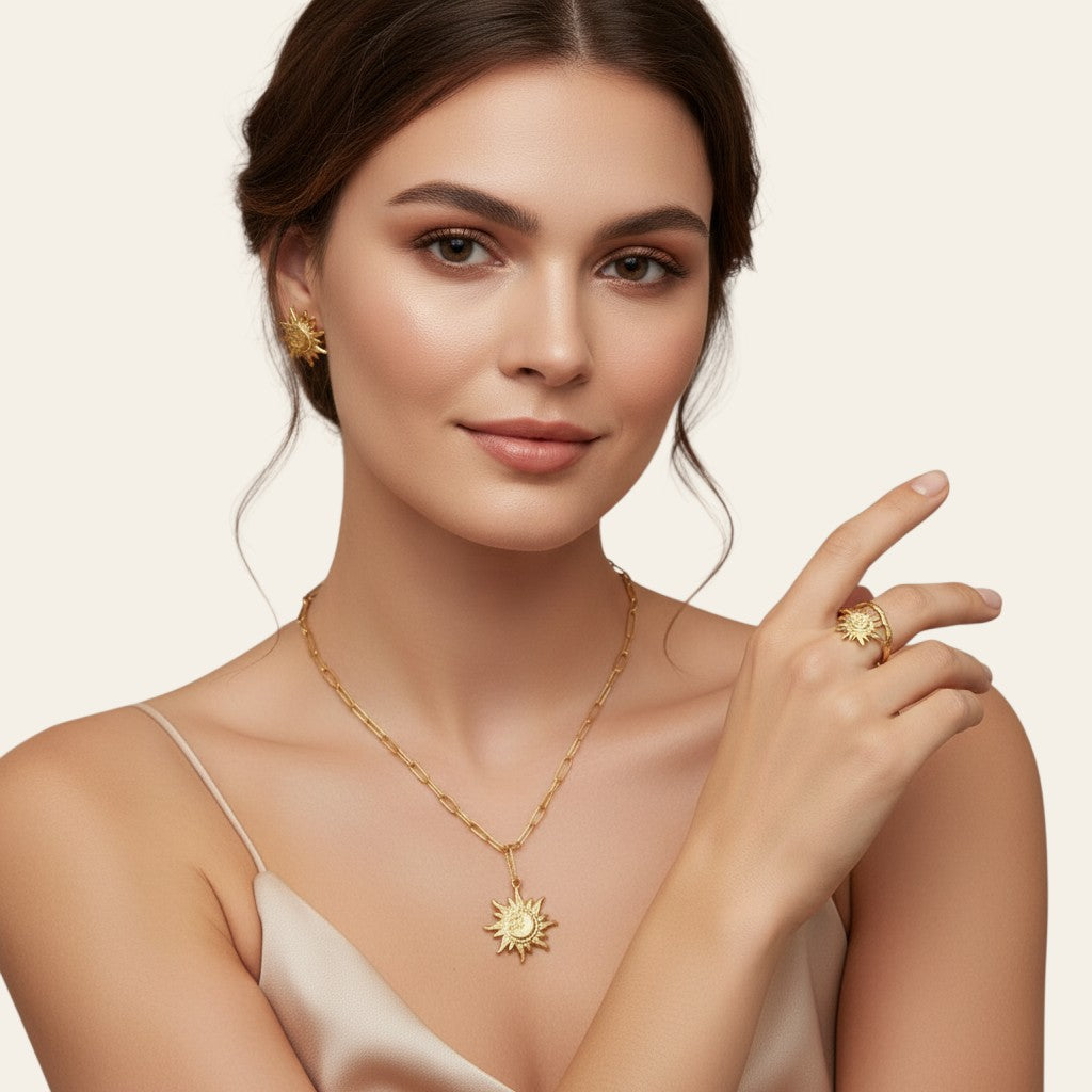 Seraphina Treasures Aegirion gold open ring with abstract sun design, adjustable band.