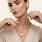 Seraphina Treasures Aetherion gold sun and moon pendant necklace with matching earrings. Celestial jewelry.