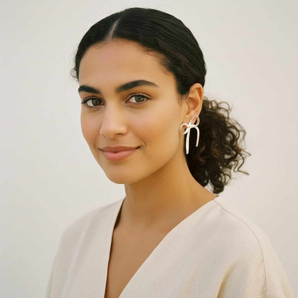 Seraphina Treasures Alathea silver bow earrings with a flat snake chain design.