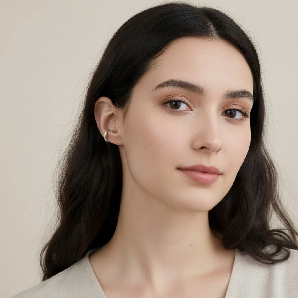 Seraphina Treasures Allegra ear clip, a silver hoop with a gold accent, worn on a woman's ear.