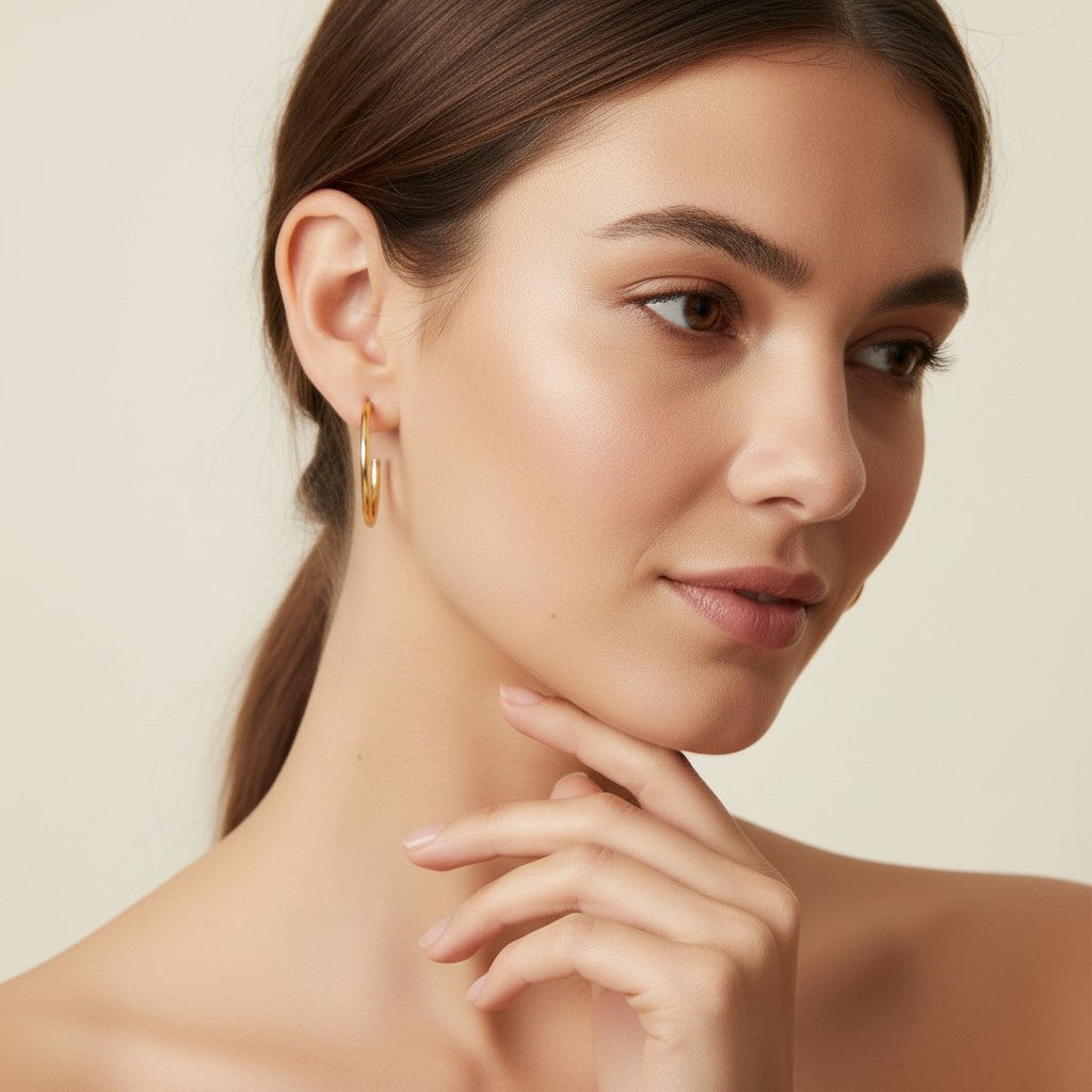 Seraphina Treasures Amara gold hoop earrings on a model. Classic, versatile, and comfortable for all-day wear.