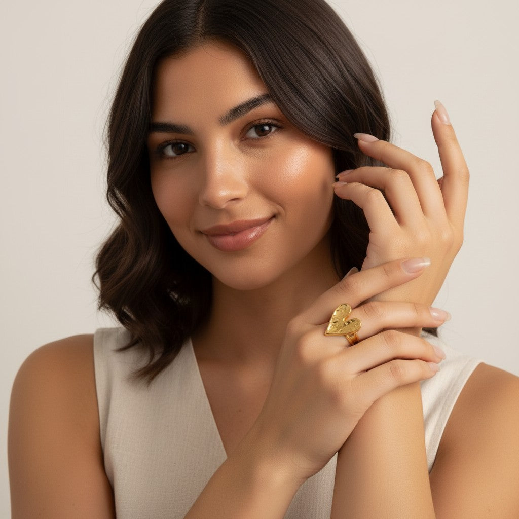 Seraphina Treasures Amoreth gold heart ring with an open design, symbolizing affection. Elegant and comfortable for everyday wear.