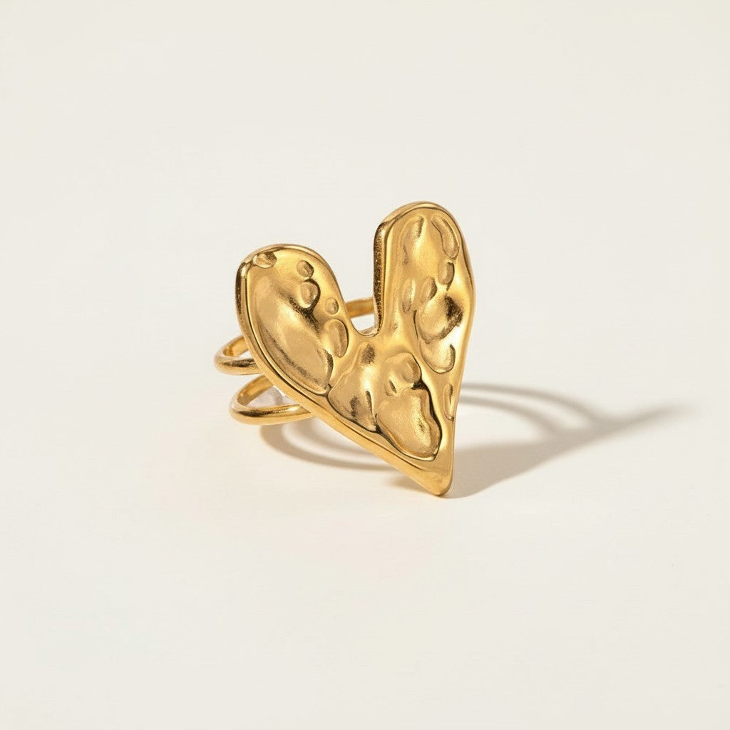 Seraphina Treasures Amoreth gold heart ring with textured finish and open band design.