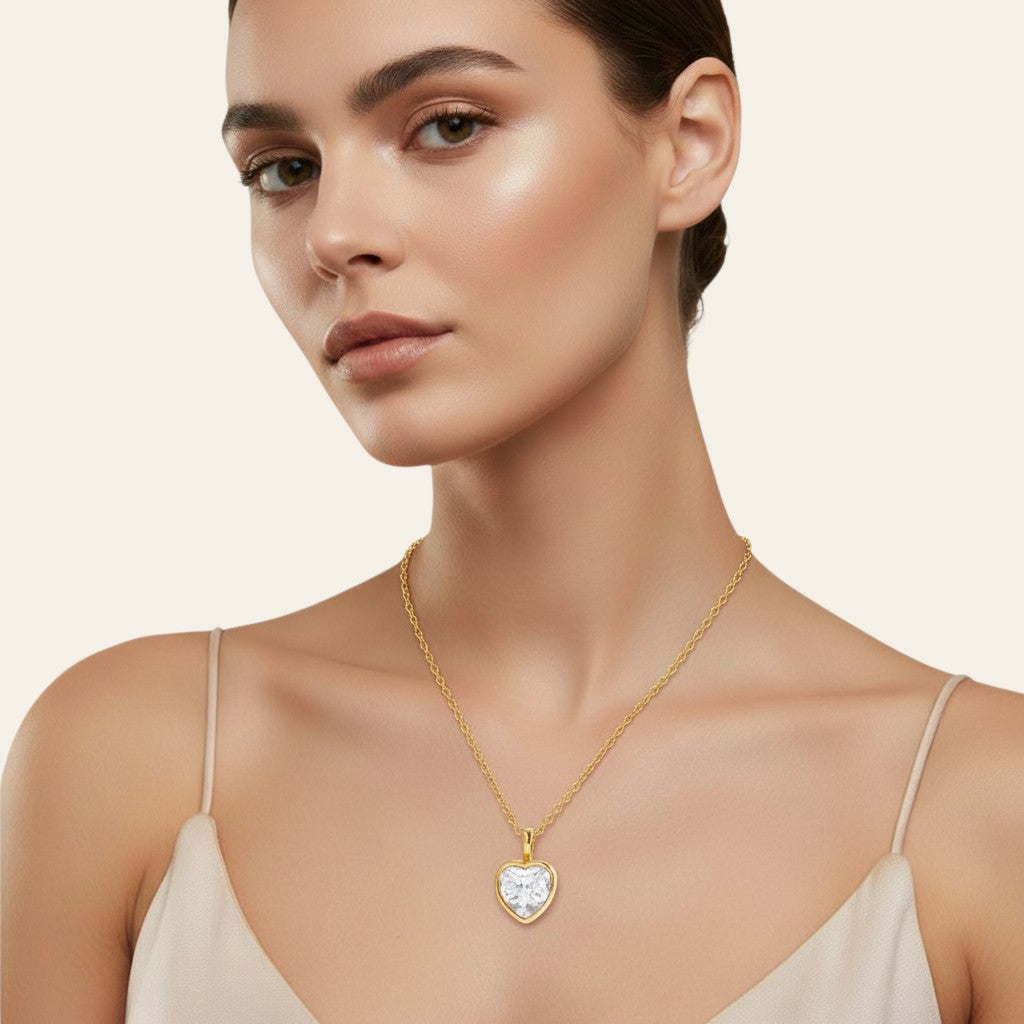 Seraphina Treasures Amoria gold necklace with a heart-shaped clear zircon pendant, perfect for Mother's Day.