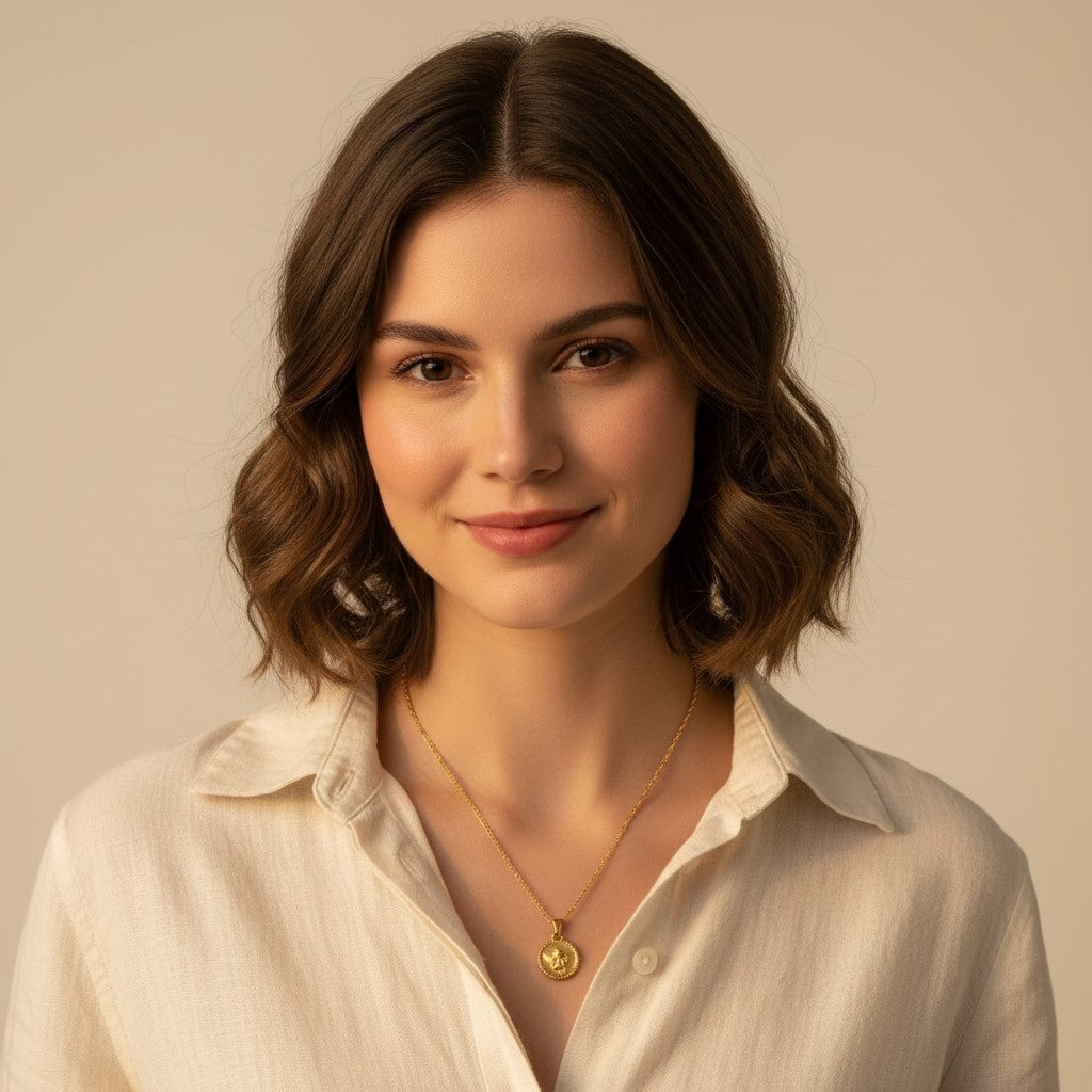 Seraphina Treasures gold angel pendant necklace on a delicate rope chain, symbolizing protection and kindness.