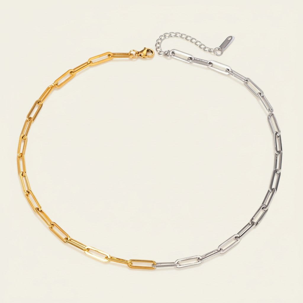 Seraphina Treasures Aquila necklace with gold and silver tones, featuring a bold paperclip chain design and adjustable clasp.