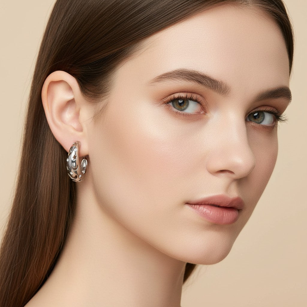 Seraphina Treasures Asteria silver hoop earrings with cut-out stars and moons, adorned with cubic zirconia.