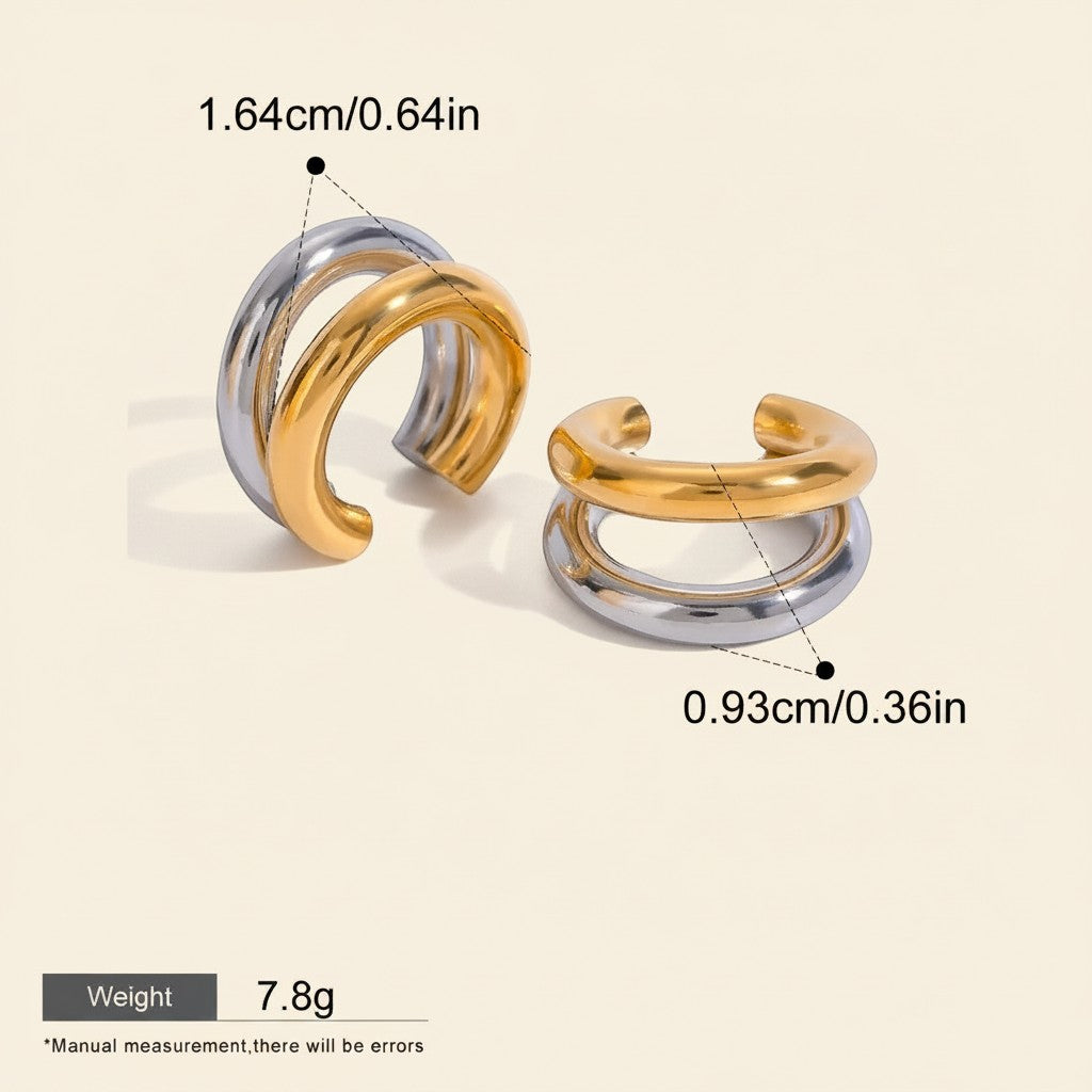 Seraphina Treasures Astraya gold and silver tone ear clips, modern layered design, hypoallergenic and waterproof.