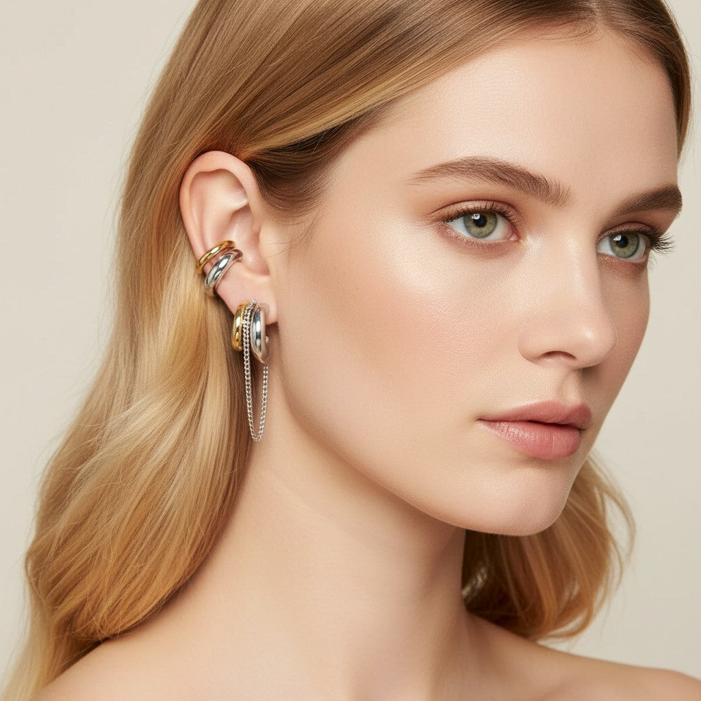 Seraphina Treasures Astraya gold and silver tone layered hoop earrings with chain detail and ear cuff.