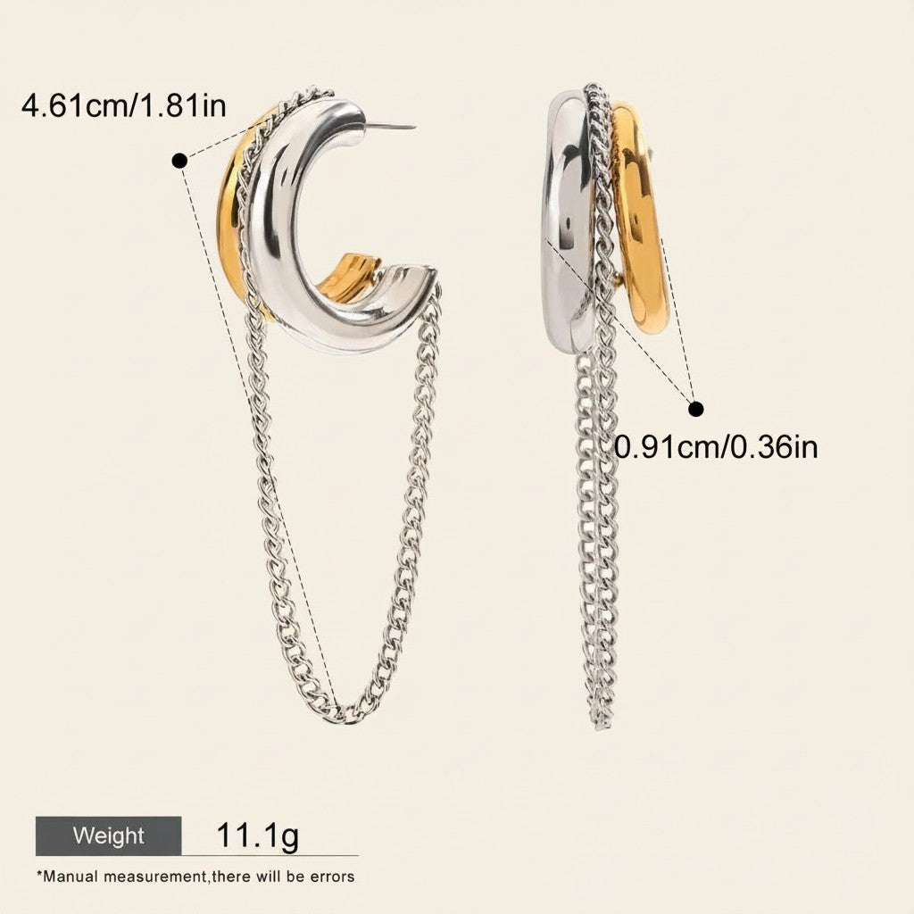 Seraphina Treasures Astraya gold and silver tone hoop earrings with chain tassels. Hypoallergenic and waterproof.