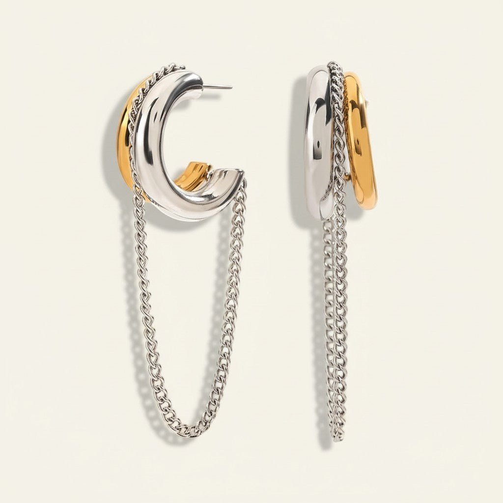 Seraphina Treasures Astraya gold and silver tone hoop earrings with chain tassels. Modern, versatile ear clips.