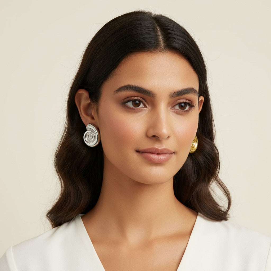 Seraphina Treasures Aurelia gold and silver spiral shell earrings. Unique design, lightweight and comfortable for any occasion.