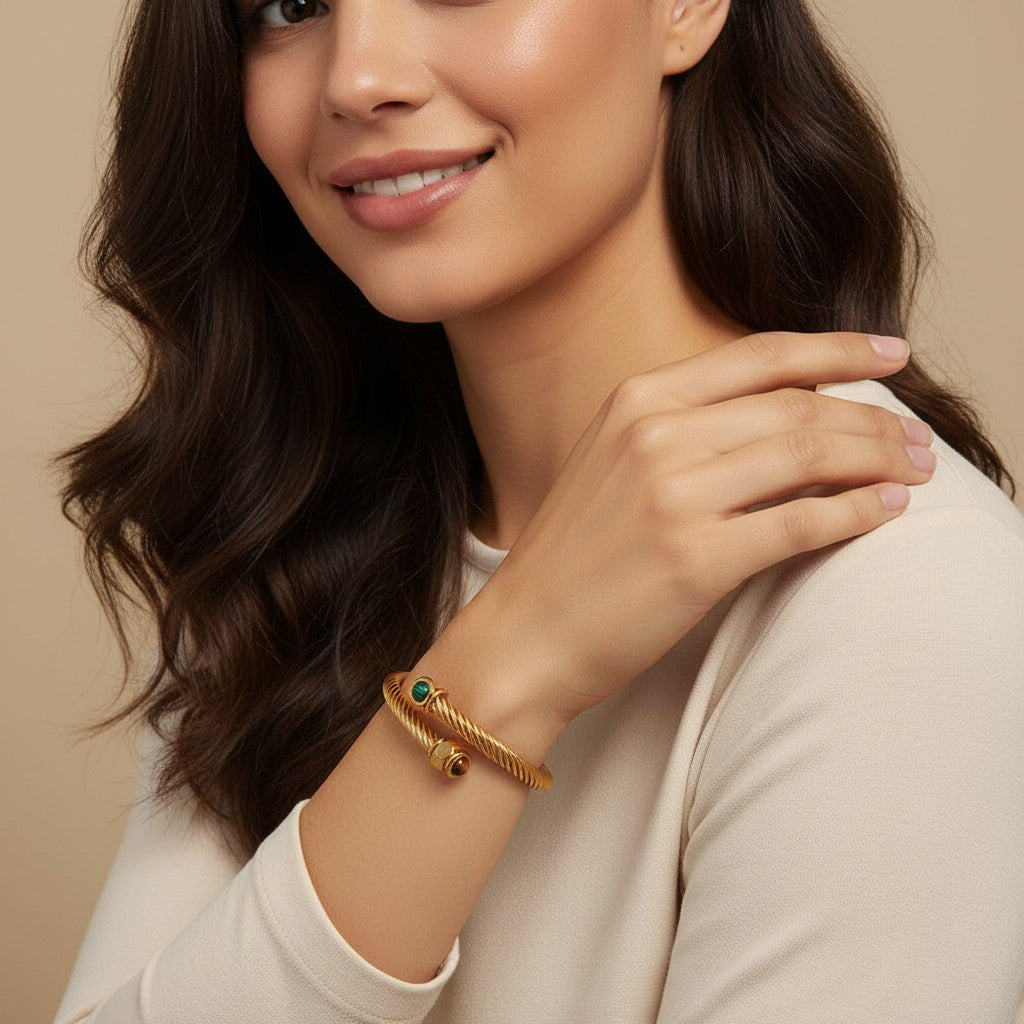 Seraphina Treasures Aureth gold twisted cuff bracelet with malachite and tiger's eye accents.