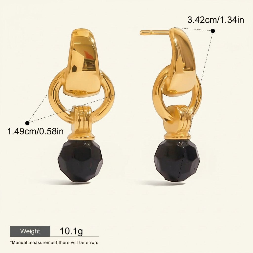 Seraphina Treasures Aurethia gold earrings with black crystal beads. Lightweight and hypoallergenic.