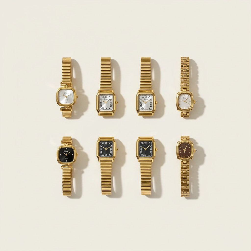 Seraphina Treasures Aurora Quartz Timepieces: collection of gold-tone watches with square and cushion faces, Roman numerals, and various dial colors.