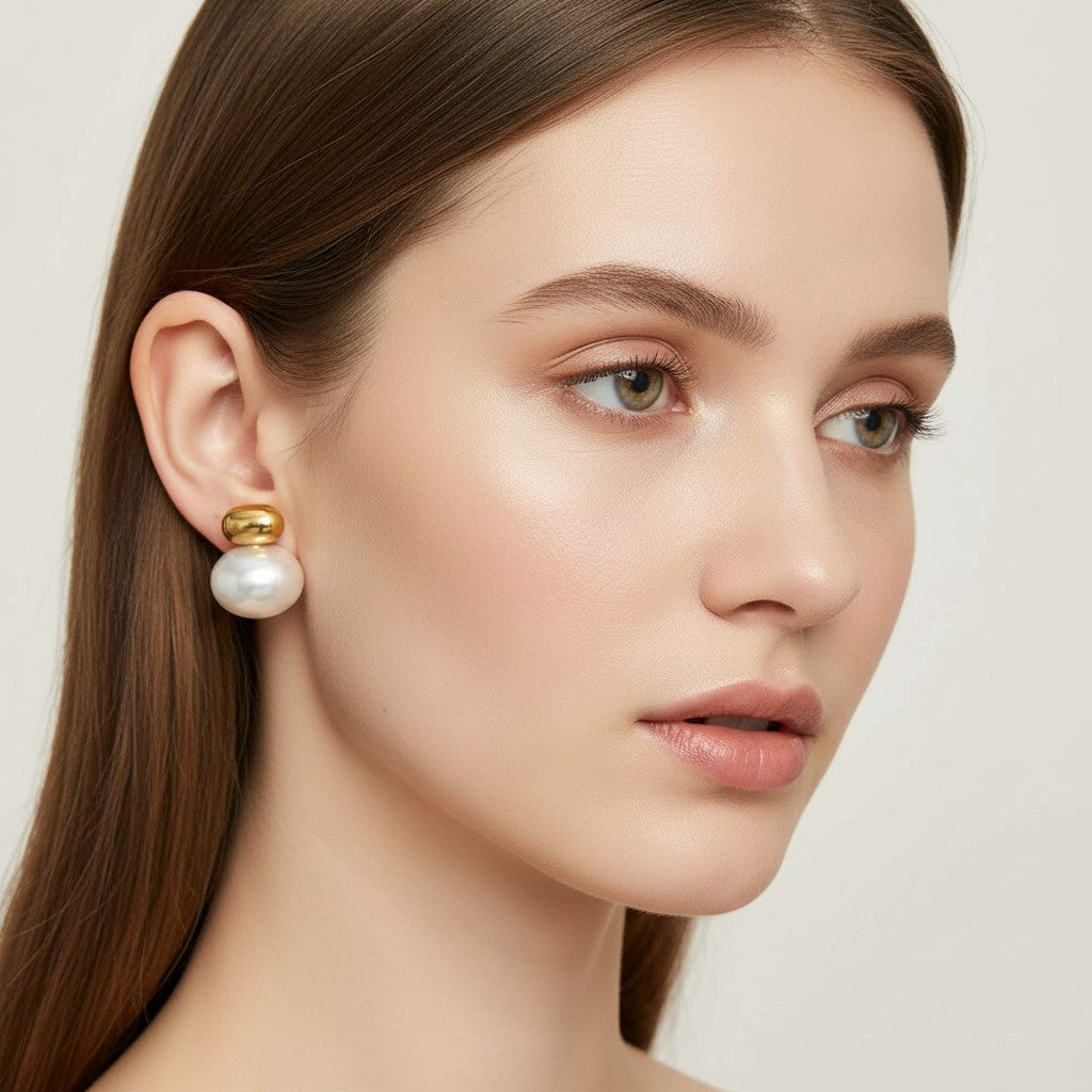 Seraphina Treasures Azoria pearl and gold stud earrings with a modern, abstract design.
