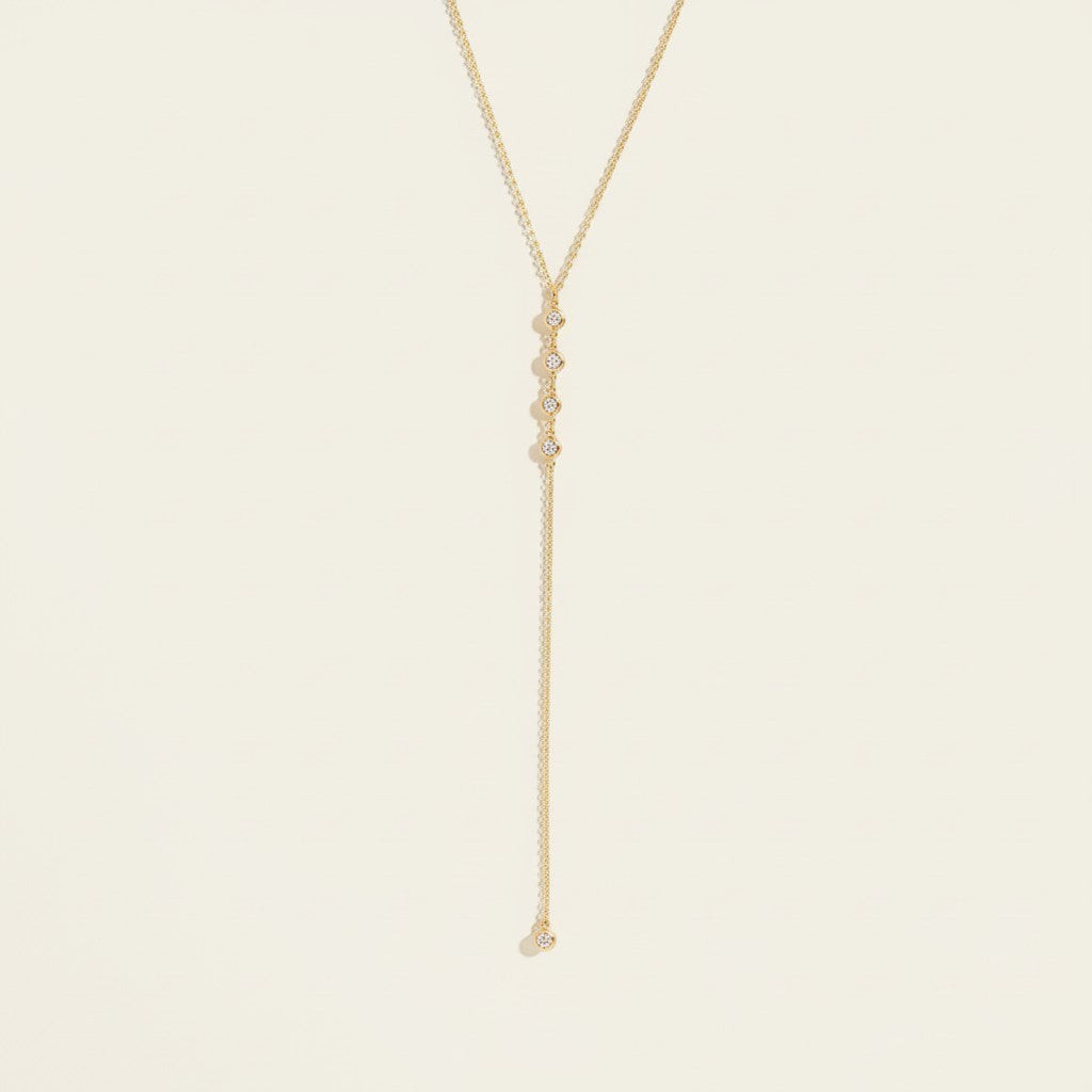 Seraphina Treasures Branwen gold Y-necklace with white zirconia stones, adjustable length.