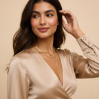 Seraphina Treasures Branwen necklace with Y-shaped design, featuring layered chains and sparkling white zirconia stones.