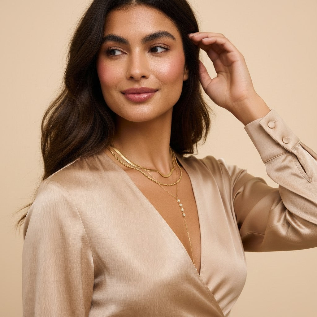 Seraphina Treasures Branwen necklace with Y-shaped design, featuring layered chains and sparkling white zirconia stones.