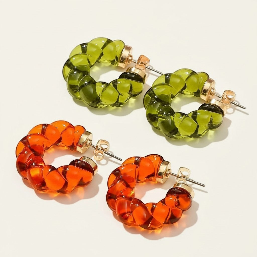 Seraphina Treasures Caelis earrings in green and orange twisted resin with gold-tone posts, perfect for everyday wear.