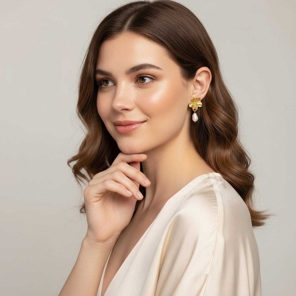 Seraphina Treasures Calanthe gold flower earrings with pearl drop. Delicate floral design.
