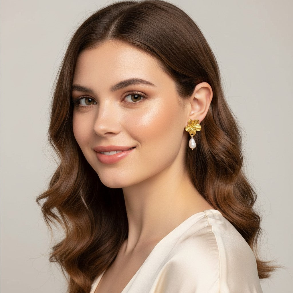 Seraphina Treasures Calanthe gold flower earrings with baroque pearl drop
