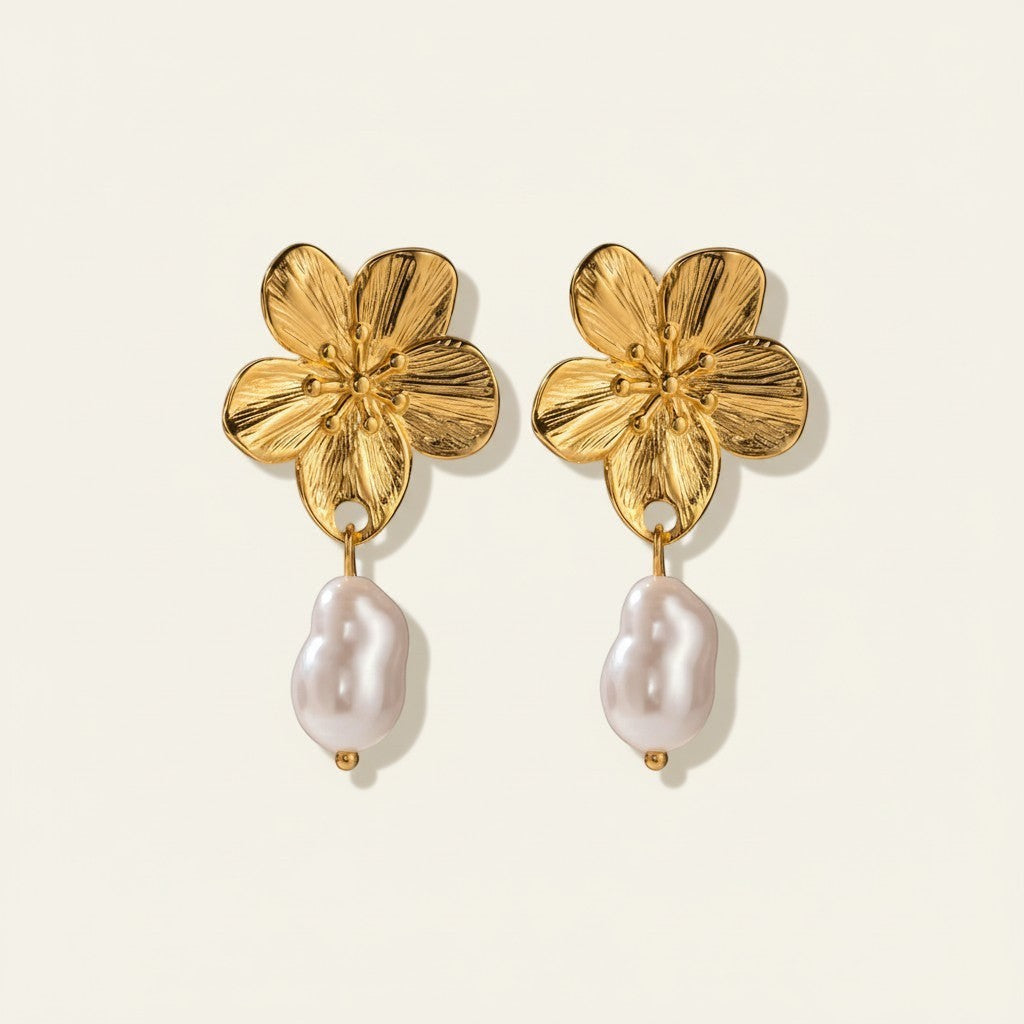 Seraphina Treasures Calanthe gold flower earrings with baroque pearl drops. Elegant floral design.
