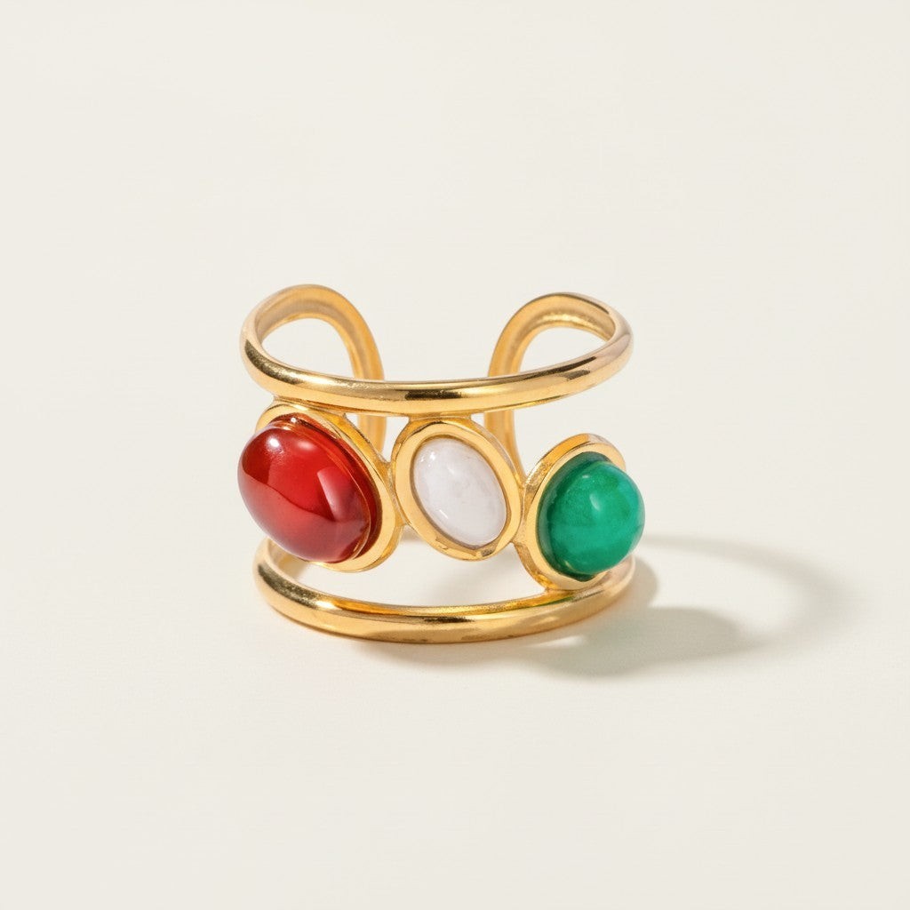 Seraphina Treasures gold-tone adjustable ring with red, white, and green cabochon stones.