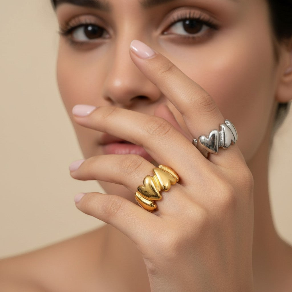 Seraphina Treasures Calliope gold heart ring with open split band, adjustable size.