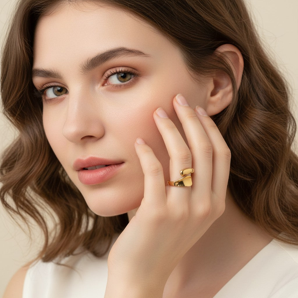 Seraphina Treasures Calyndra irregular gold-tone metal ring with a unique, bold design.