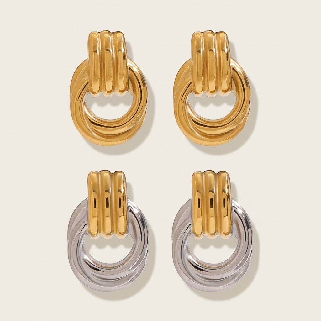 Seraphina Treasures Calypsa gold and silver tone drop earrings with ribbed top detail and intertwined hoops.