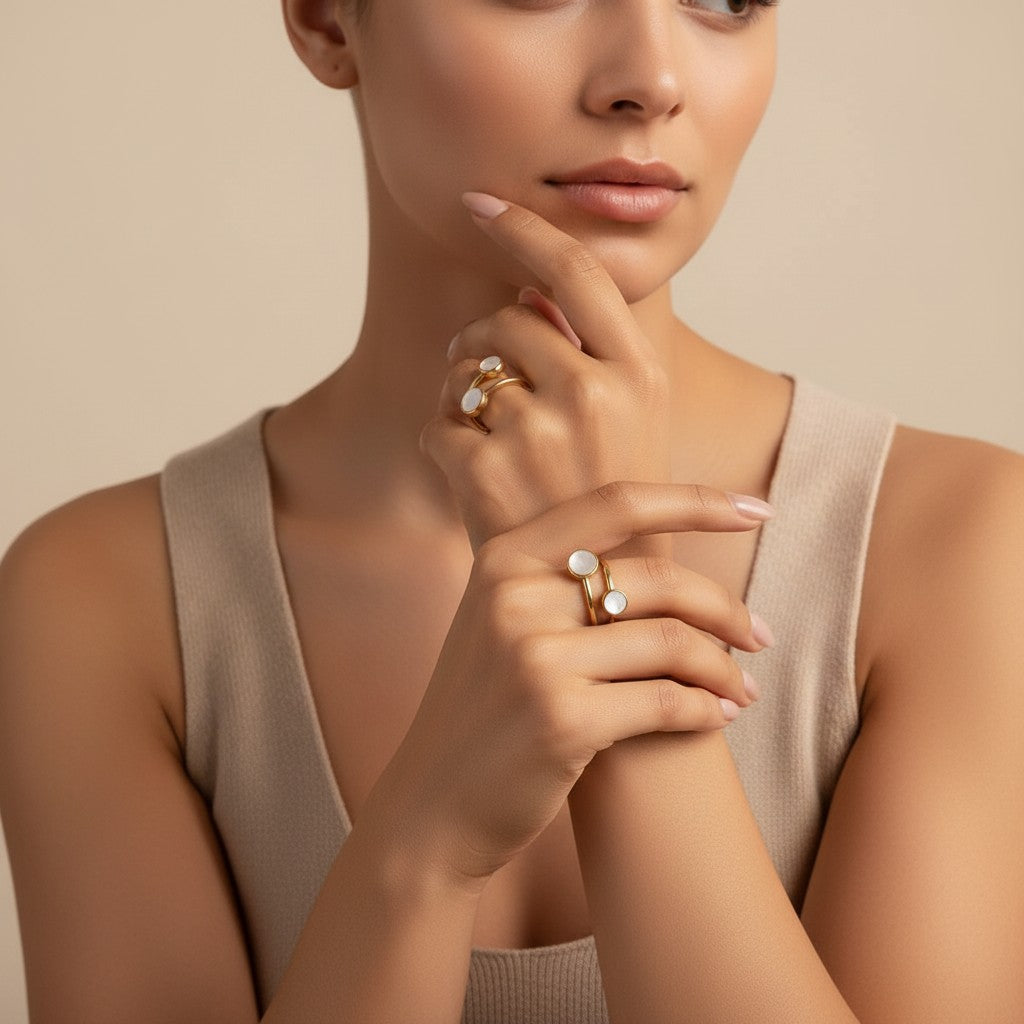 Seraphina Treasures Calyra gold ring with two white mother-of-pearl stones on a woman's hand.