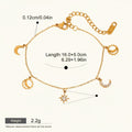 Seraphina Treasures Camilla gold-tone bracelet with sun, moon, and star charms. Features diamond-like accents and adjustable length.