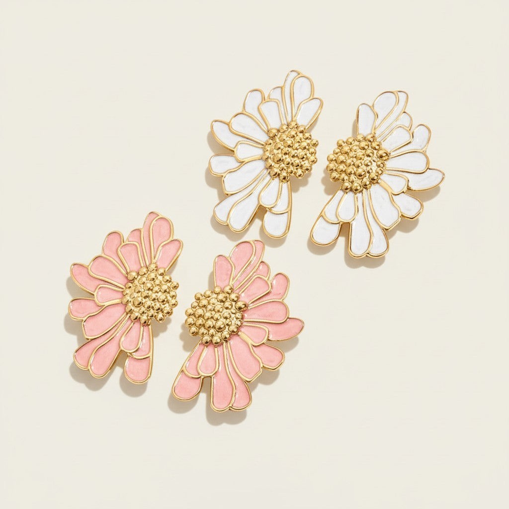 Seraphina Treasures Cassiania daisy earrings in pink and white enamel with gold-tone centers.