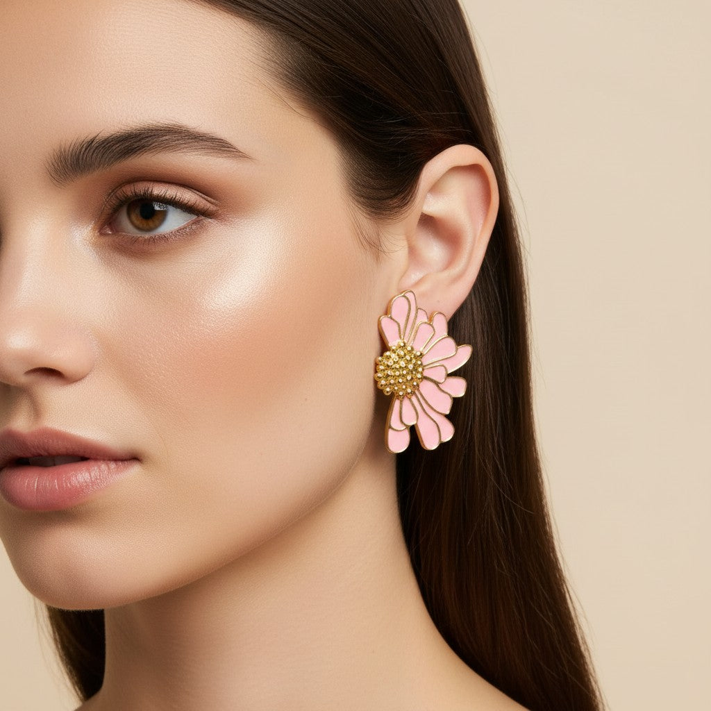 Seraphina Treasures Cassiania pink and white enamel daisy flower earrings with gold accents.