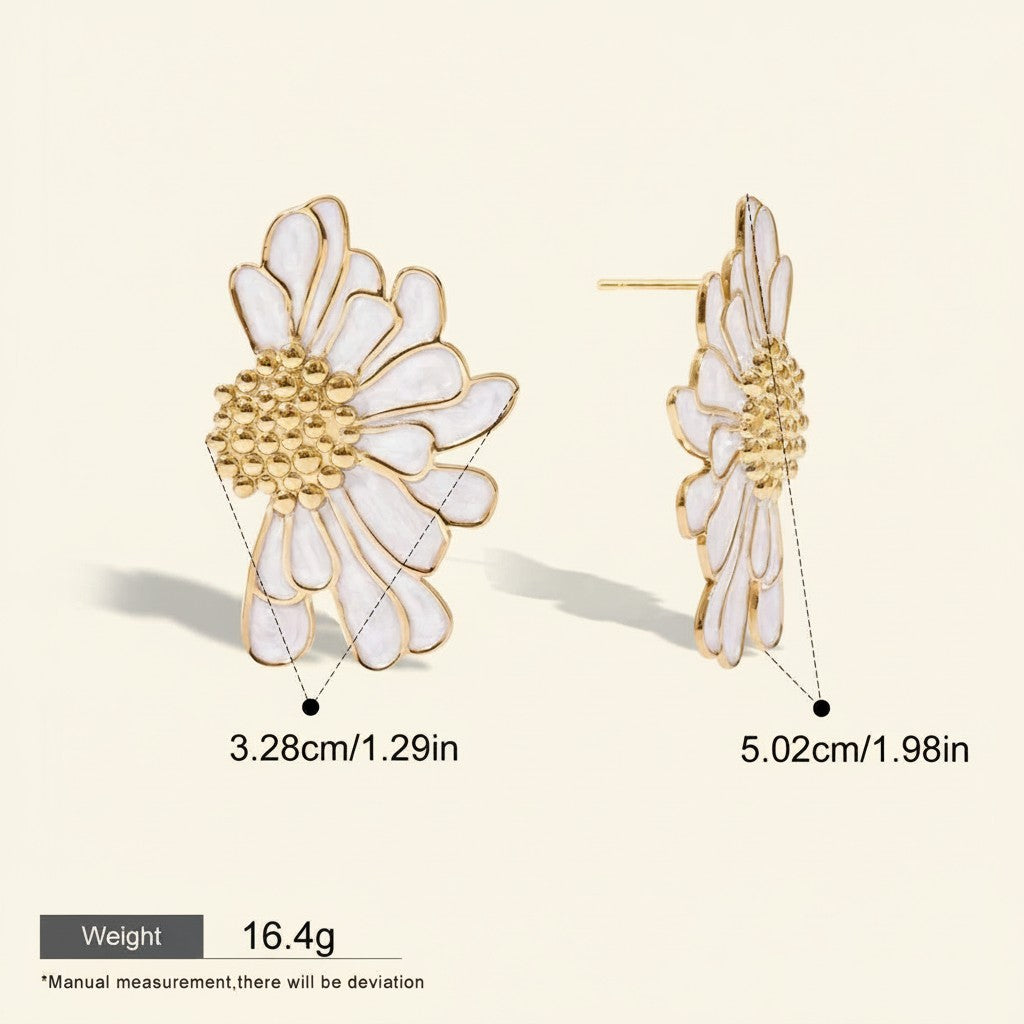 Seraphina Treasures Cassiania white enamel daisy stud earrings with gold accents.