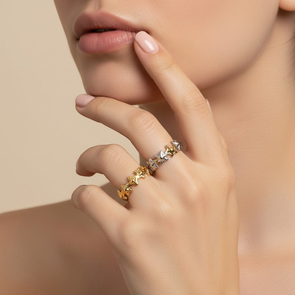 Seraphina Treasures Cassiara adjustable ring with a delicate star design in gold and silver finishes.