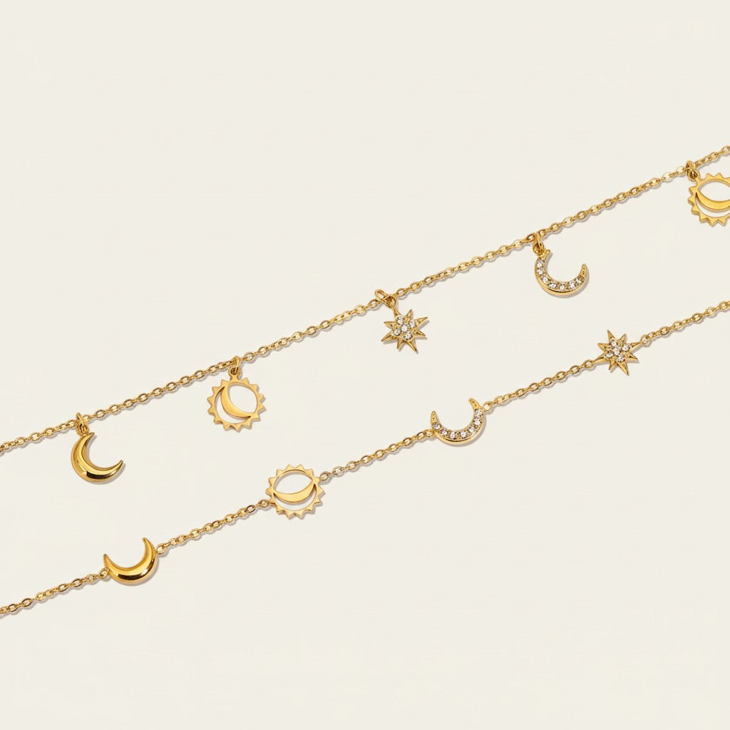 Seraphina Treasures gold-tone bracelets with crescent moon, sun, and star charms. Some charms feature sparkling crystal accents.