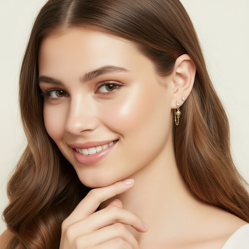 Seraphina Treasures gold celestial drop earrings with sun and star charms, featuring clear crystal studs.