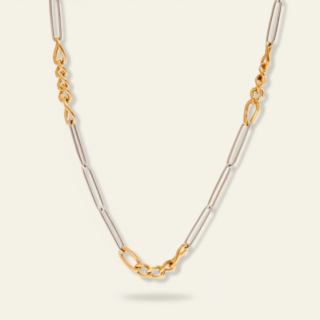 Seraphina Treasures Claudia necklace with interlocking silver and gold tone chain links, perfect for modern layering.