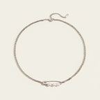 Seraphina Treasures Cornelia necklace with silver chain and paperclip clasp holding four natural pearls.