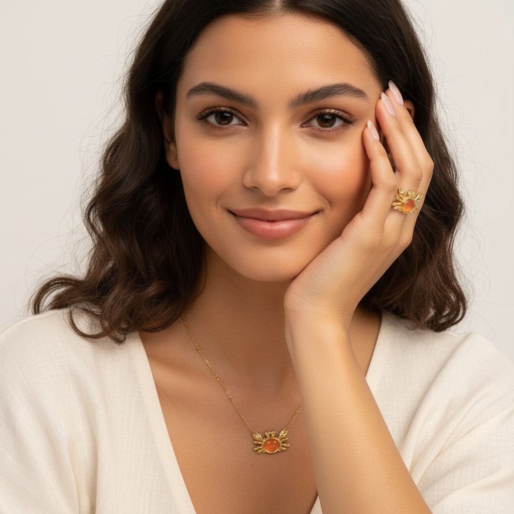 Seraphina Treasures gold crab ring with red opal, and matching necklace and bracelet with charms.