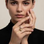 Seraphina Treasures Cressida ring with a double-layer silver band and a gold heart pendant.