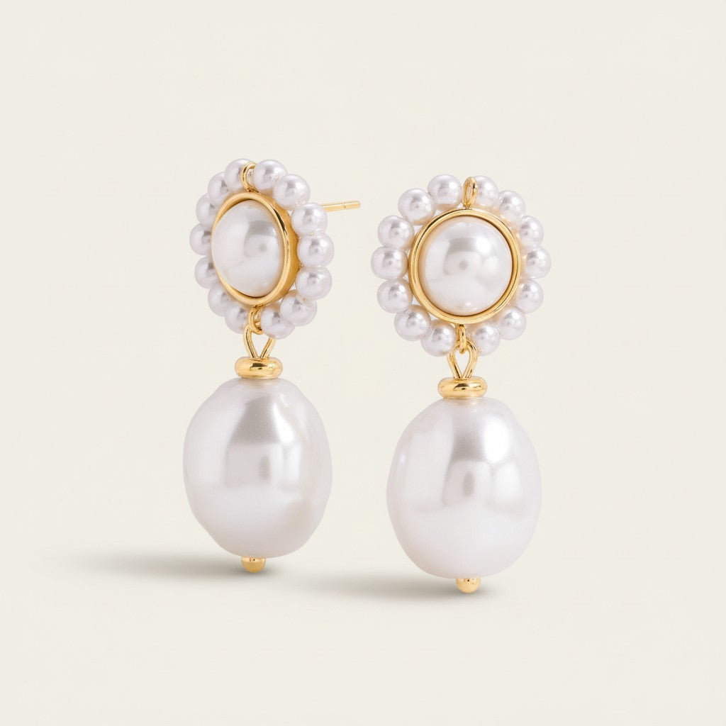 Seraphina Treasures Cyprassa gold-tone drop earrings with imitation pearls and baroque pearl drops.