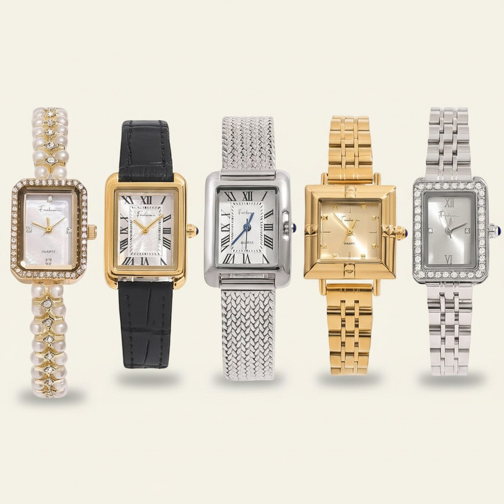 Seraphina Treasures Cyra Timepieces: five elegant watches with Roman numerals, pearl, gold, and silver bands.