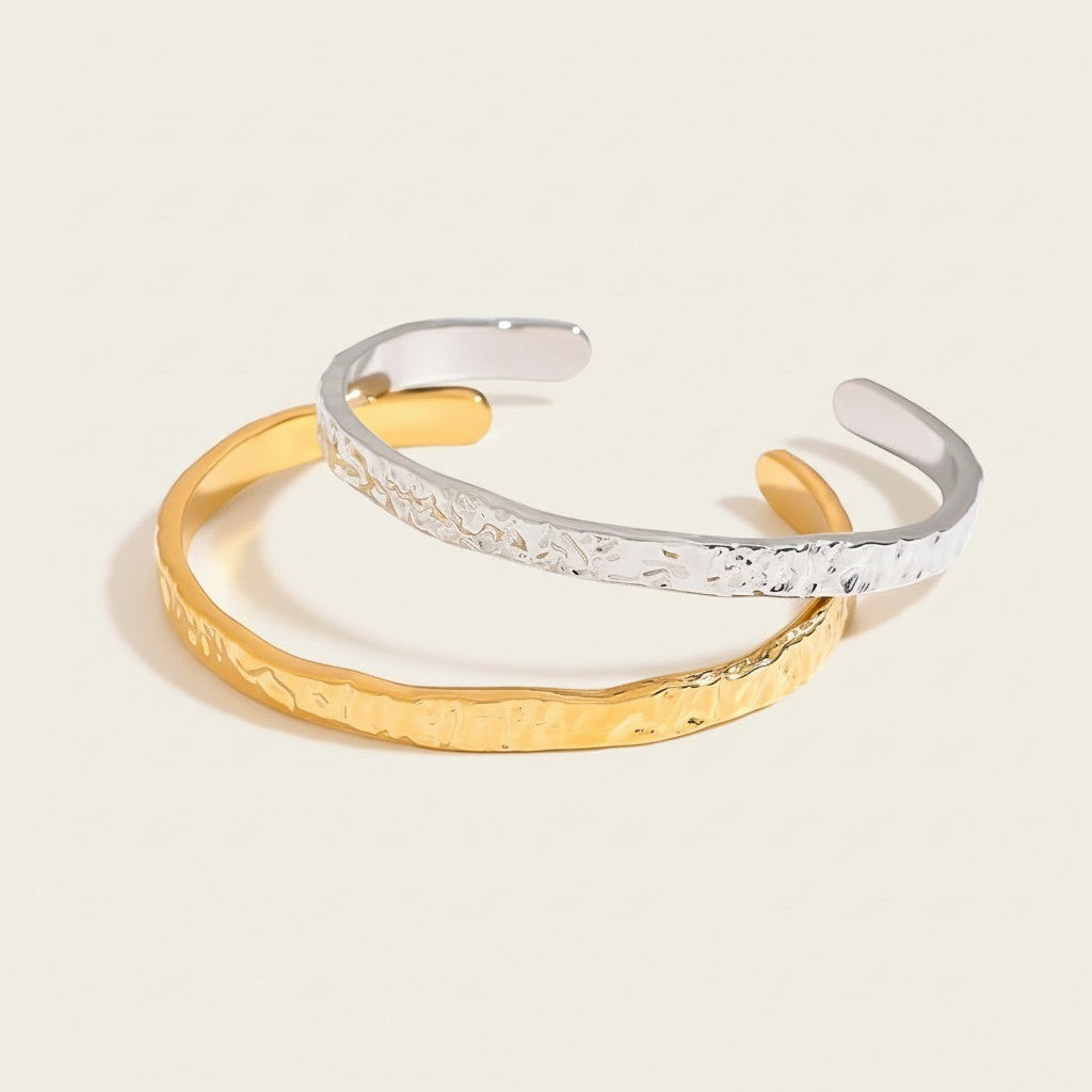 Seraphina Treasures Cyrine open bangle bracelet in gold and silver with textured finish.