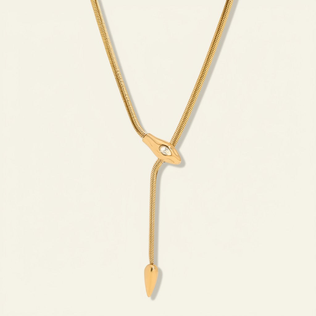 Seraphina Treasures Daria gold snake necklace with clear zirconia eye detail and adjustable drop.