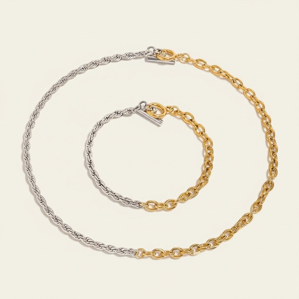 Seraphina Treasures Divinora two-tone chain necklace and bracelet set with toggle clasp. Gold and silver finish.