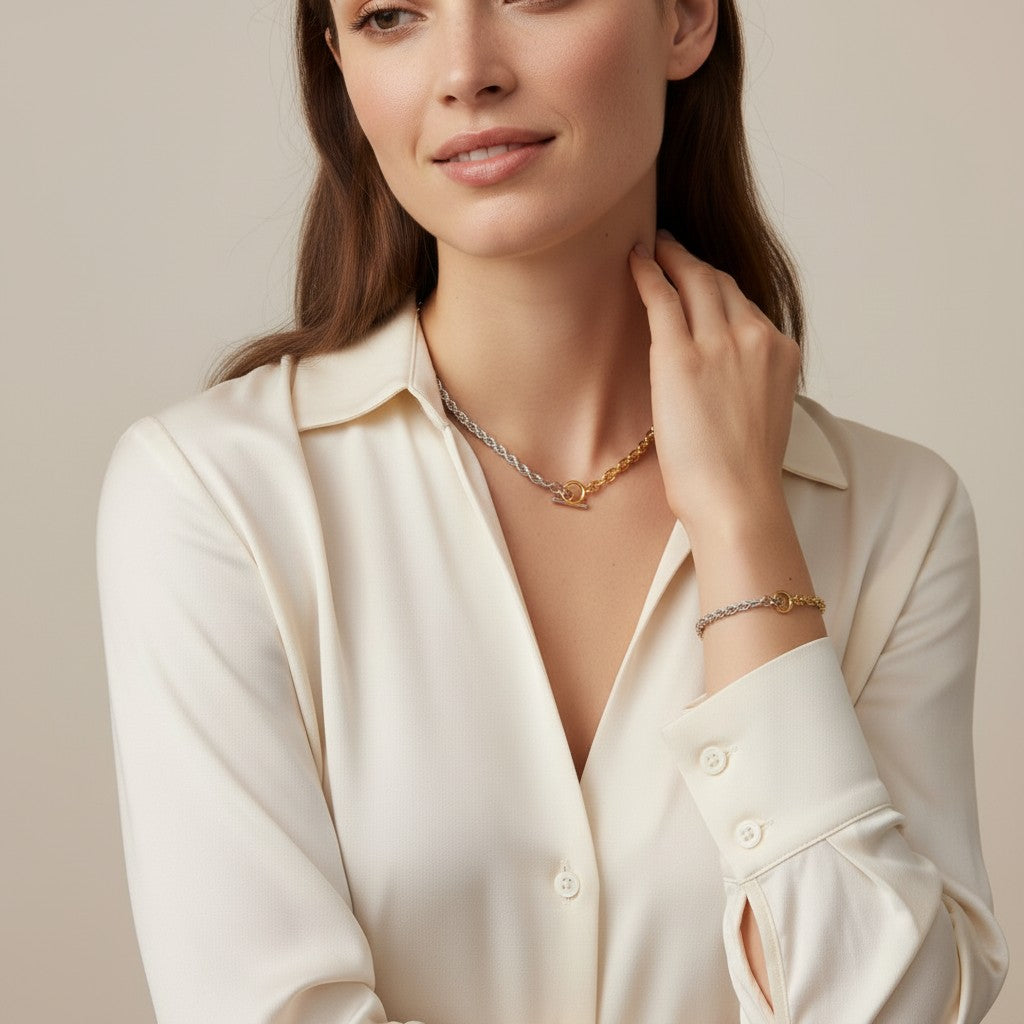 Seraphina Treasures Divinora two-tone chain necklace and bracelet set with toggle clasp.