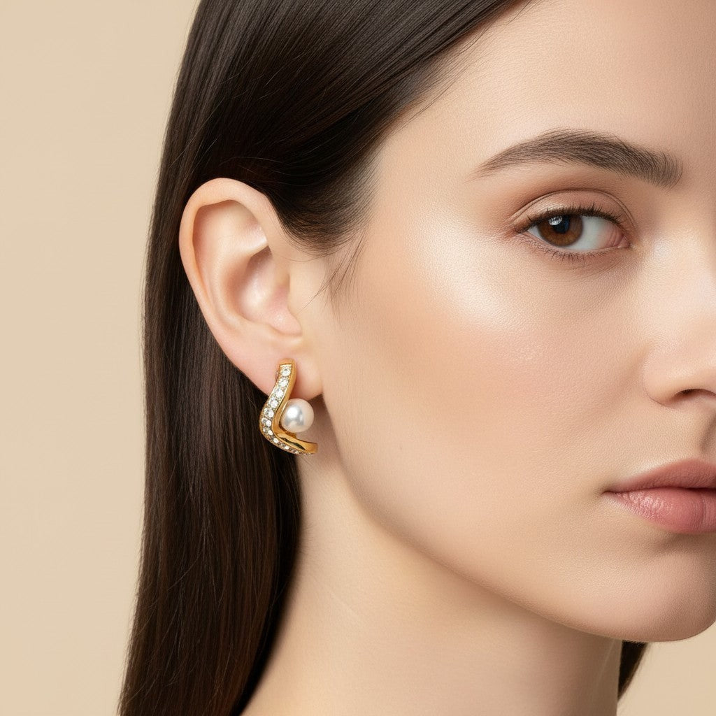 Seraphina Treasures Dravara gold wave earrings with pearls and shimmering diamonds.